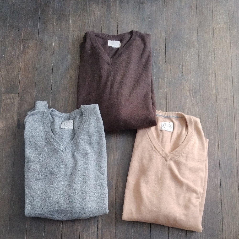 Lot of 3 ST JOHN Mens V Neck Sweaters Chocolate,Gray,Camel Sz XL